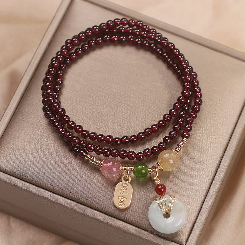 Buddha Stones Natural Garnet Strawberry Quartz Crystal Fox Koi Fish Peace Buckle Fortune Protection Triple Wrap Bracelet - image 15