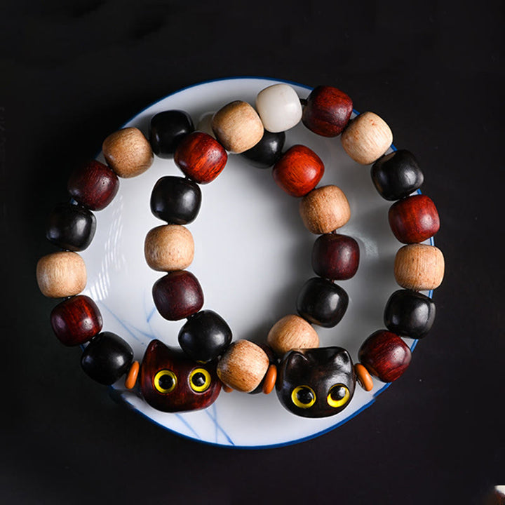 Buddha Stones Small Leaf Red Sandalwood Ebony Wood Cute Cat Engraved Protection Bracelet - image 7