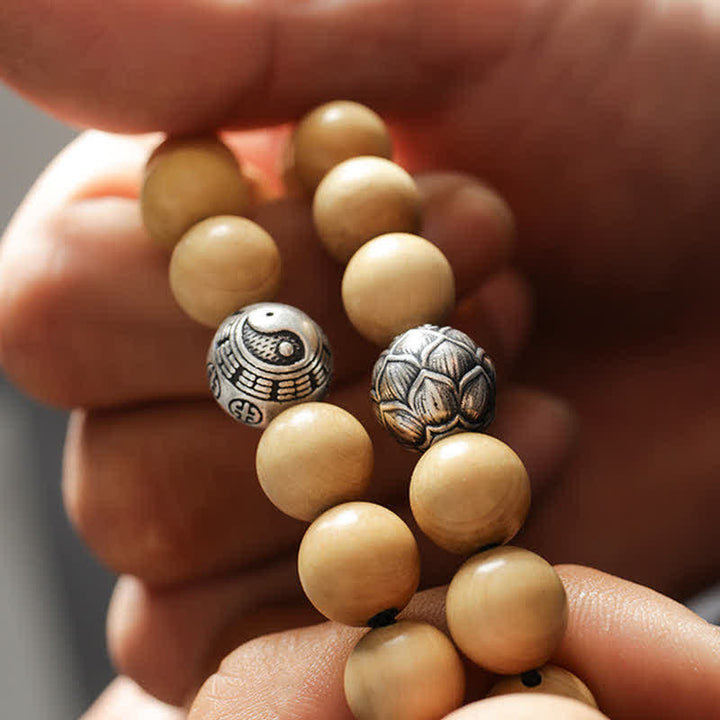 Buddha Stones Tibet Peach Wood Lotus Cinnabar Bagua Yin Yang Luck Wealth Bracelet - image 5