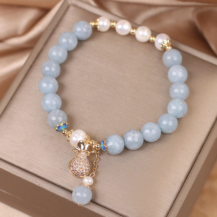 Buddha Stones Aquamarine Pearl Fortune Money Bag Charm Bracelet - image 3