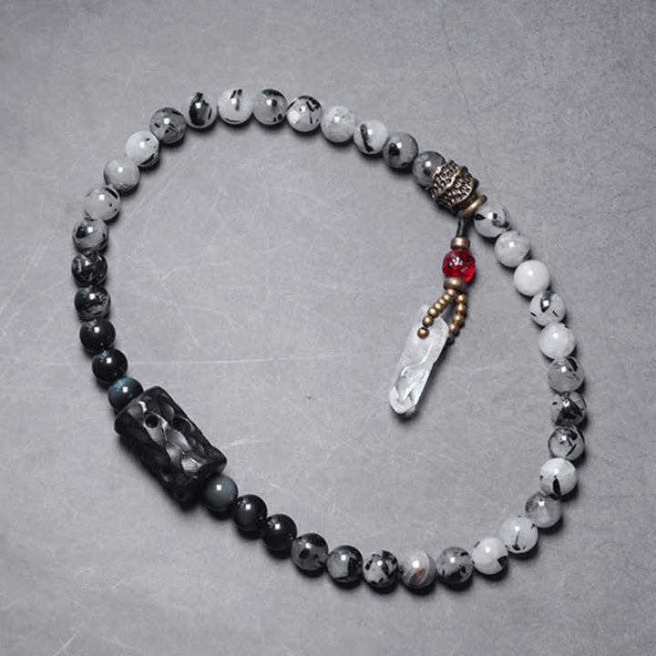Buddha Stones Black Rutilated Quartz Ebony Wood White Crystal Success Couple Bracelet - image 7