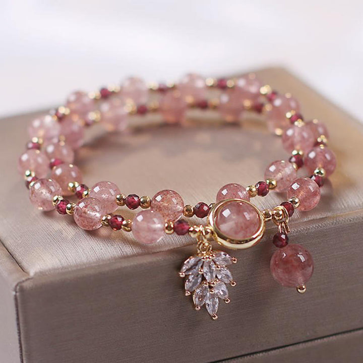 Buddha Stones Natural Strawberry Quartz Love Healing Maple Leaf Charm Double Wrap Bracelet - image 2