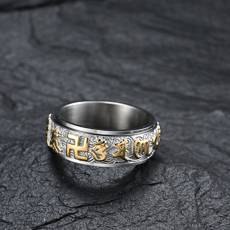 Buddha Stones Om Mani Padme Hum Balance Calm Titanium Steel Ring - image 3