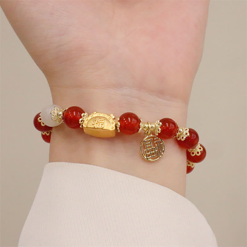 Buddha Stones Year Of The Dragon Red Agate Strawberry Quartz Black Obsidian Jade Garnet Pearl Cinnabar Dumpling Dragon Luck Fu Character Bracelet - image 4