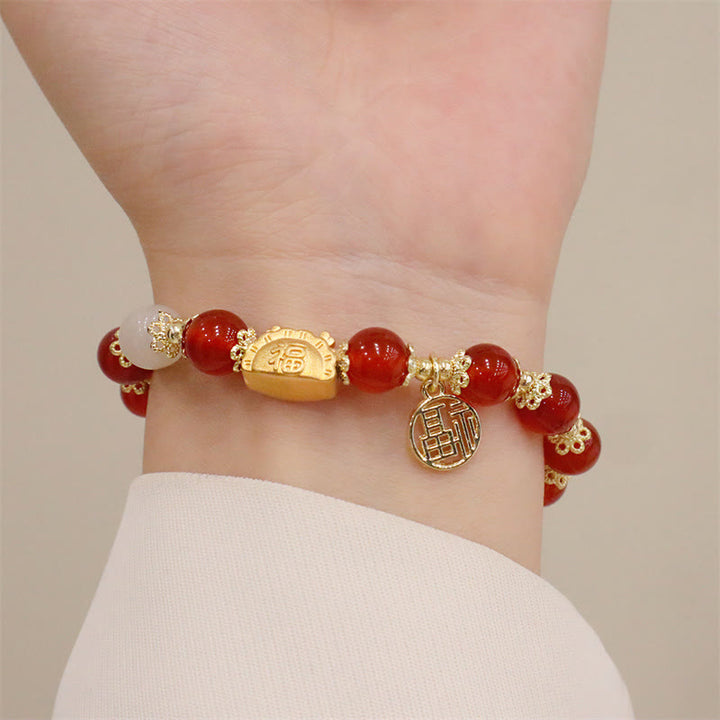 Buddha Stones Year Of The Dragon Red Agate Strawberry Quartz Black Obsidian Jade Garnet Pearl Cinnabar Dumpling Dragon Luck Fu Character Bracelet - image 4