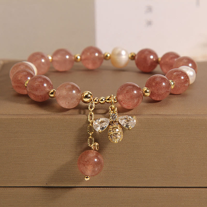 Buddha Stones Strawberry Quartz Pearl Cute Zircon Honeybee Positive Charm Bracelet - Strawberry Quartz&Pearl - image 0