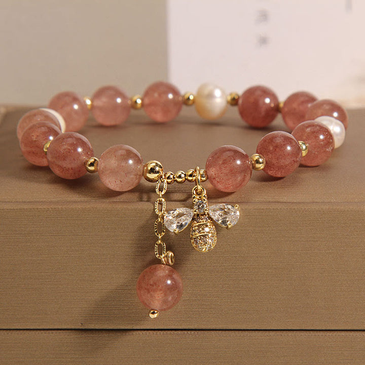 Buddha Stones Strawberry Quartz Pearl Cute Zircon Honeybee Positive Charm Bracelet - image 3