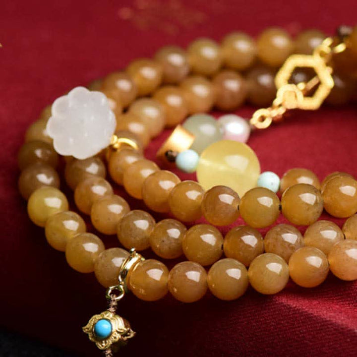 Buddha Stones Natural Hetian Topaz Amber Lotus White Jade Pearl Success Bracelet - image 5