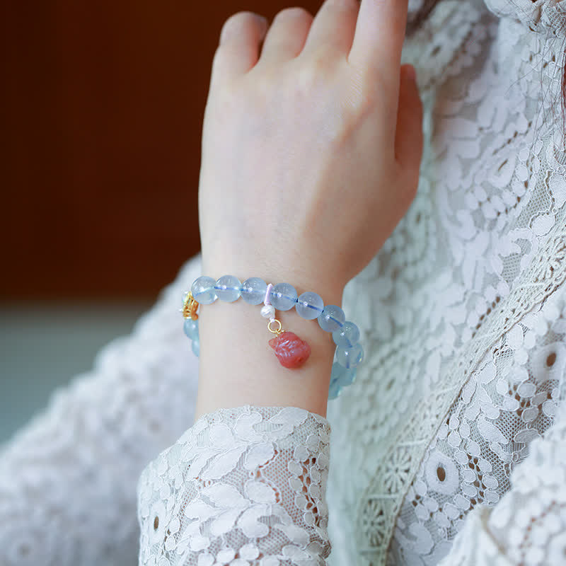 Buddha Stones Natural Aquamarine Red Agate Pearl Beads Healing Charm Bracelet - image 2