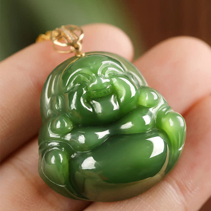 Buddha Stones 925 Sterling Silver Laughing Buddha Hetian Cyan Jade 18K Gold Success Necklace Chain Pendant - image 2