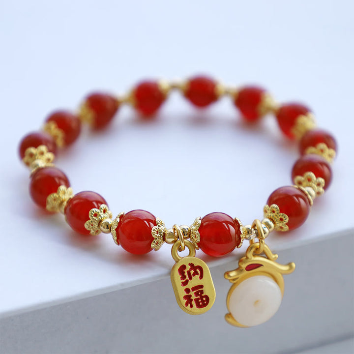 Buddha Stones Year of the Dragon Red Agate Green Aventurine Peace Buckle Fu Character Lucky Fortune Bracelet - Red Agate(Wrist Circumference 14-16cm) - image 13