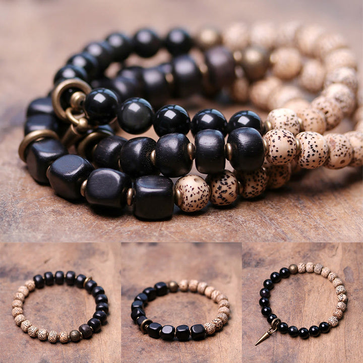 Buddha Stones Tibetan Bodhi Seed Black Obsidian Ebony Wood Copper Peace Bracelet - image 1