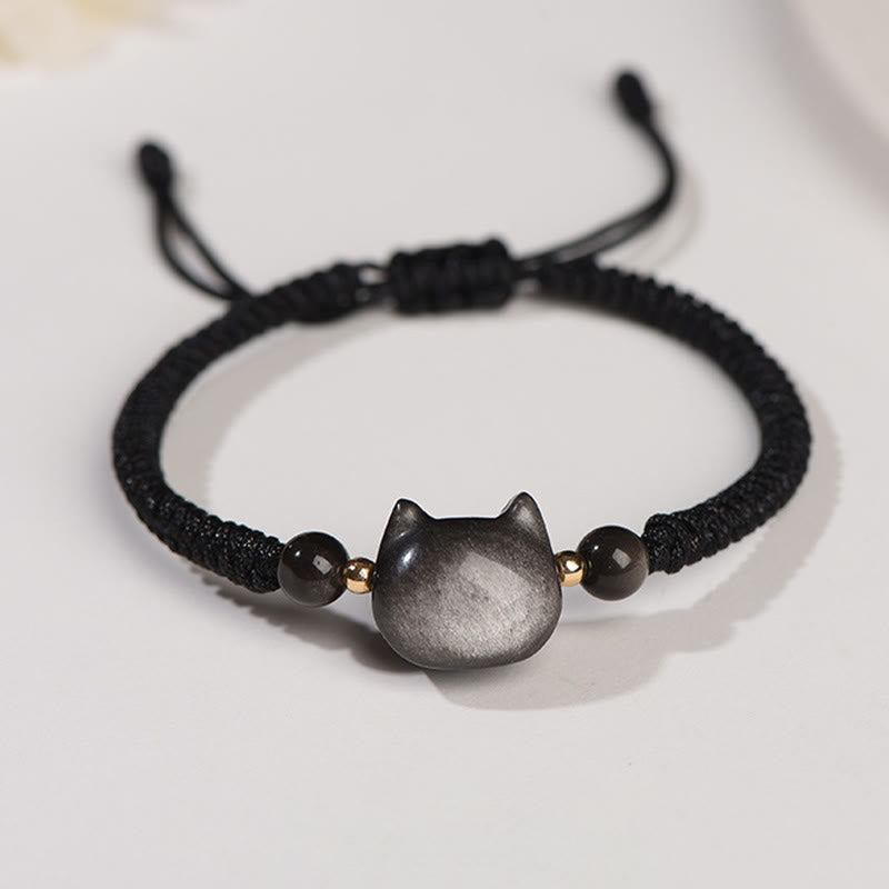 Buddha Stones Handmade Natural Silver Sheen Obsidian Strawberry Quartz Cute Cat Protection Braided Bracelet - Silver Sheen Obsidian(Communication♥Soothing) - Lovely Cat - image 5