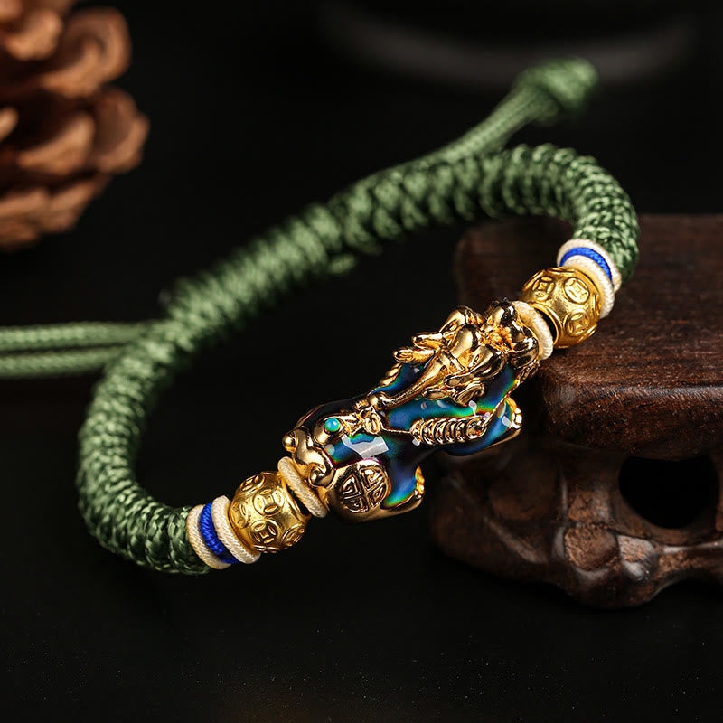 Buddha Stones Feng Shui PiXiu Color Change Copper Coin Beads Wealth String Bracelet - Army Green PiXiu - image 4