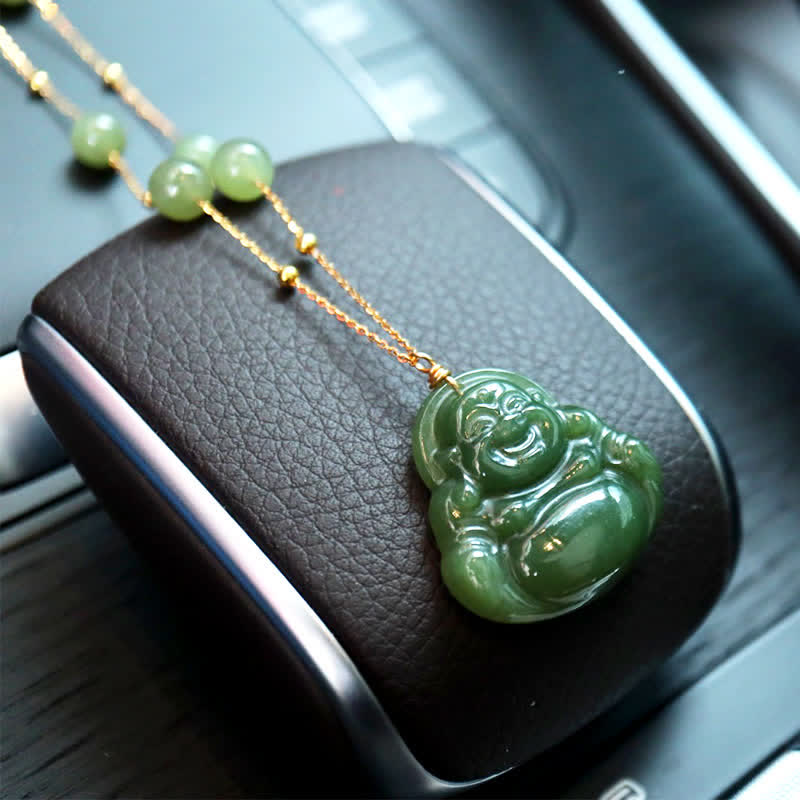 Buddha Stones Laughing Buddha Hetian Jade Luck Necklace Bead Chain Pendant - image 1