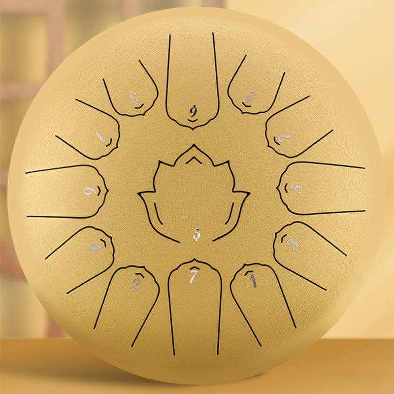 Buddha Stones Steel Tongue Drum Sound Healing Mindfulness Lotus Pattern Yoga Drum Kit 13 Note 12 Inch Percussion Instrument - Yellow - image 7