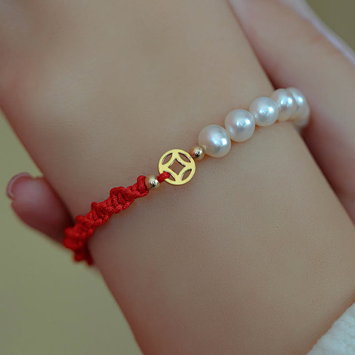 Buddha Stones 14K Gold Plated Pearl Bead Luck Protection Braid Red String Bracelet - image 6