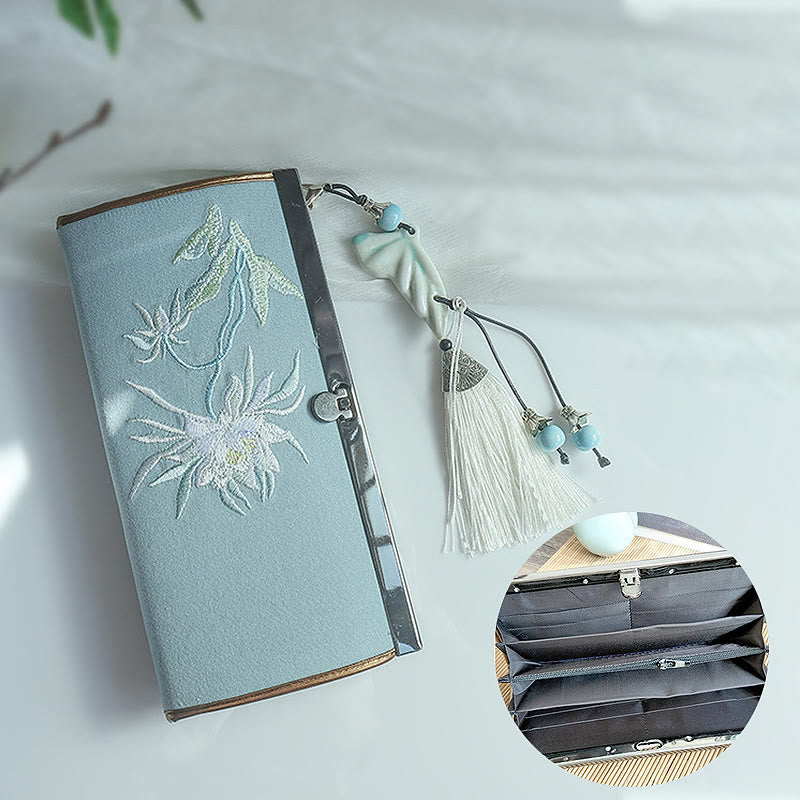 Buddha Stones Flower Plum Peach Blossom Bamboo Double-sided Embroidery Large Capacity Cash Holder Wallet Shopping Purse - image 1