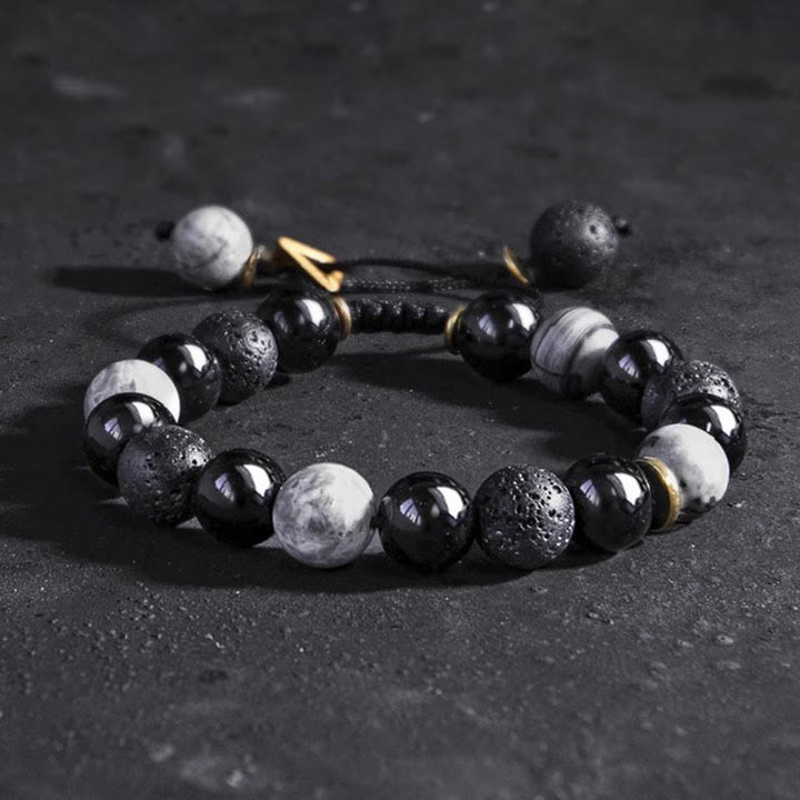 Buddha Stones Black Obsidian Lava Rock Stone Yin Yang Strength Bracelet - image 8