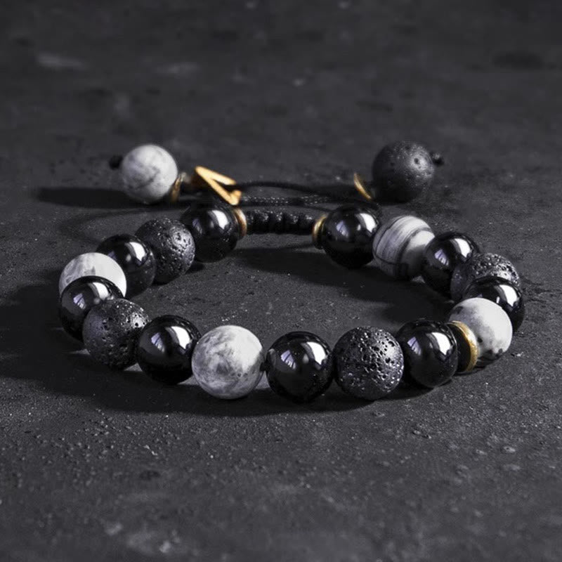 Buddha Stones Black Obsidian Lava Rock Stone Yin Yang Strength Bracelet - image 2