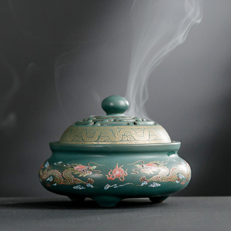 Dragon Floral Pattern Backflow Smoke Fountain Ceramic Meditation Incense Burner Decoration - Dragon - image 0