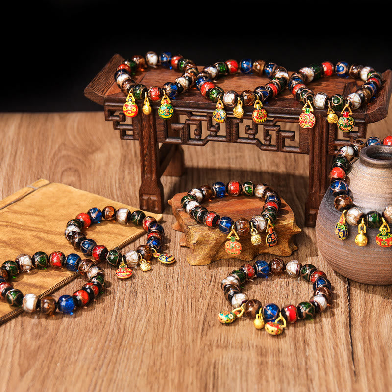 Buddha Stones Five Elements Gold Swallowing Beast Family Charm Liuli Glass Bead Luck Bracelet - image 1