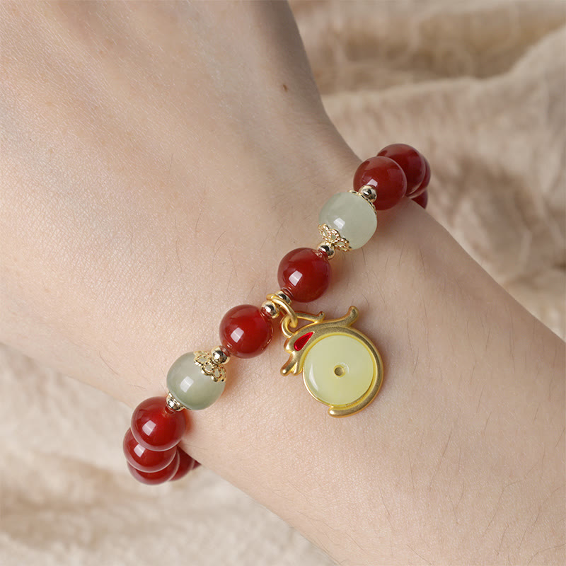 Buddha Stones Year of the Dragon Red Agate Jade Peace Buckle Fu Character Success Bracelet - image 3
