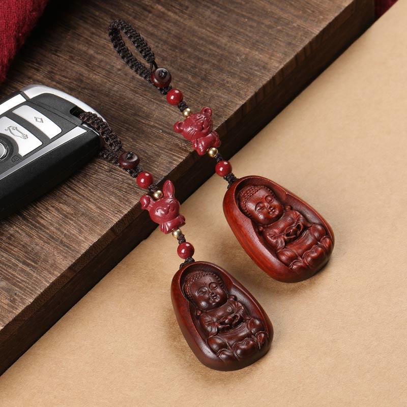 Buddha Stones Small Leaf Red Sandalwood Buddha Cinnabar Chinese Zodiac Amulet Protection Key Chain - image 1