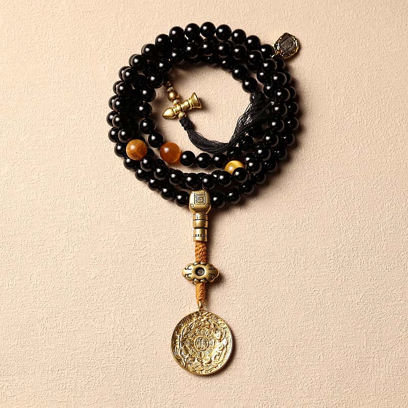 Buddha Stones Tibetan 108 Mala Beads Black Onyx Tiger Eye Beads Nine Palaces Bagua Protection Bracelet - Black Onyx&Nine Palaces Bagua - 8mm - image 5