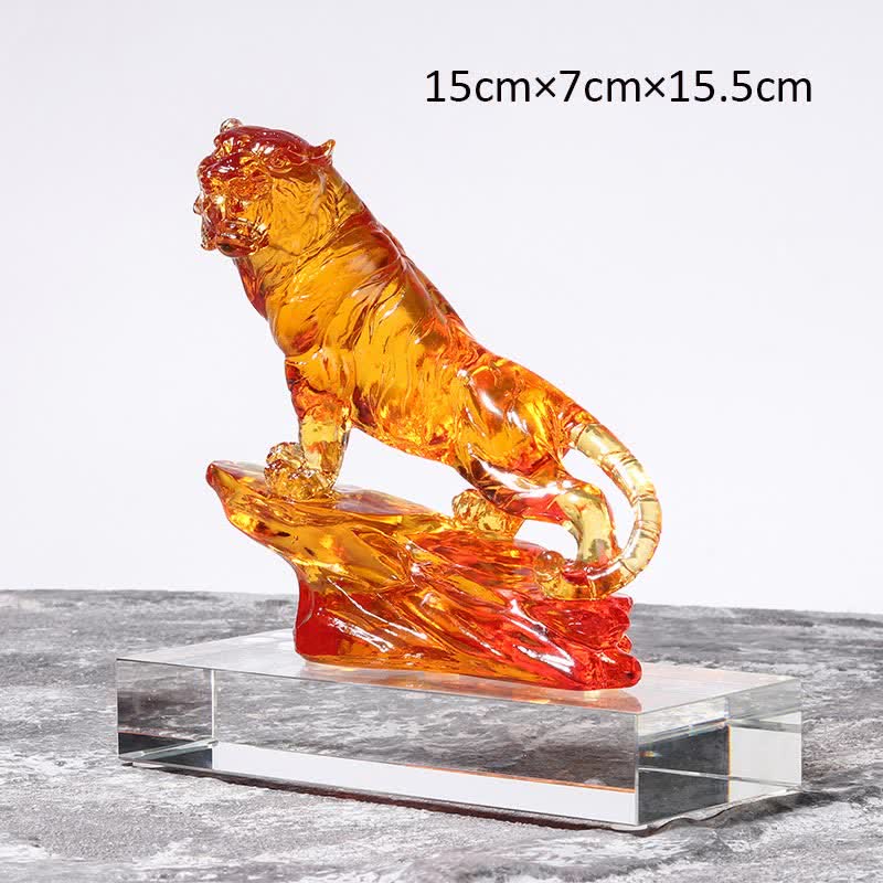 Buddha Stones Handmade Liuli Crystal Tiger Art Piece Protection Home Decoration - Orange&Base - image 18