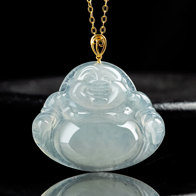 Buddha Stones Laughing Buddha Natural Jade Abundance Titanium Steel Chain Necklace Pendant - Jade - image 0