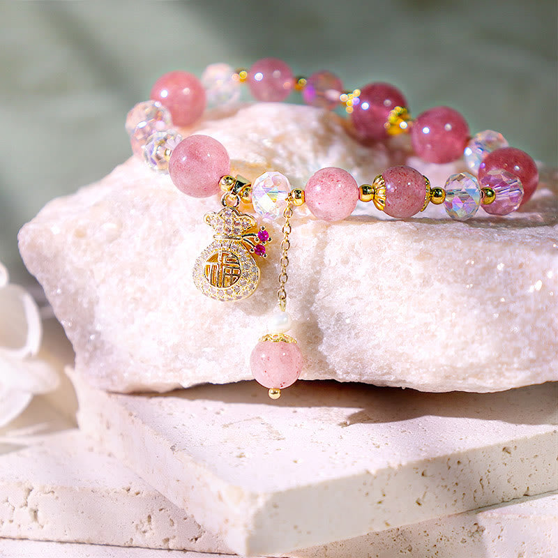 Buddha Stones Natural Strawberry Quartz Crystal Money Bag Charm Positive Bracelet - image 9