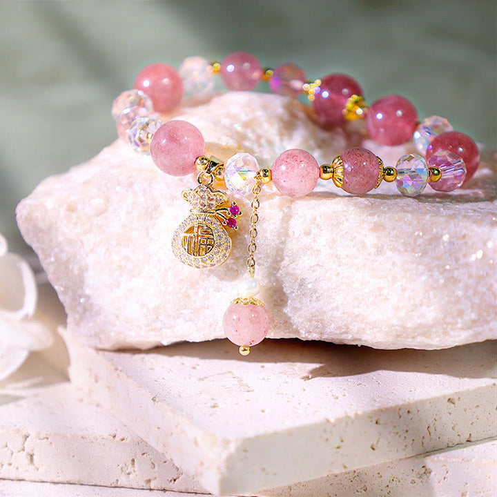 Buddha Stones Natural Strawberry Quartz Crystal Money Bag Charm Positive Bracelet - image 9