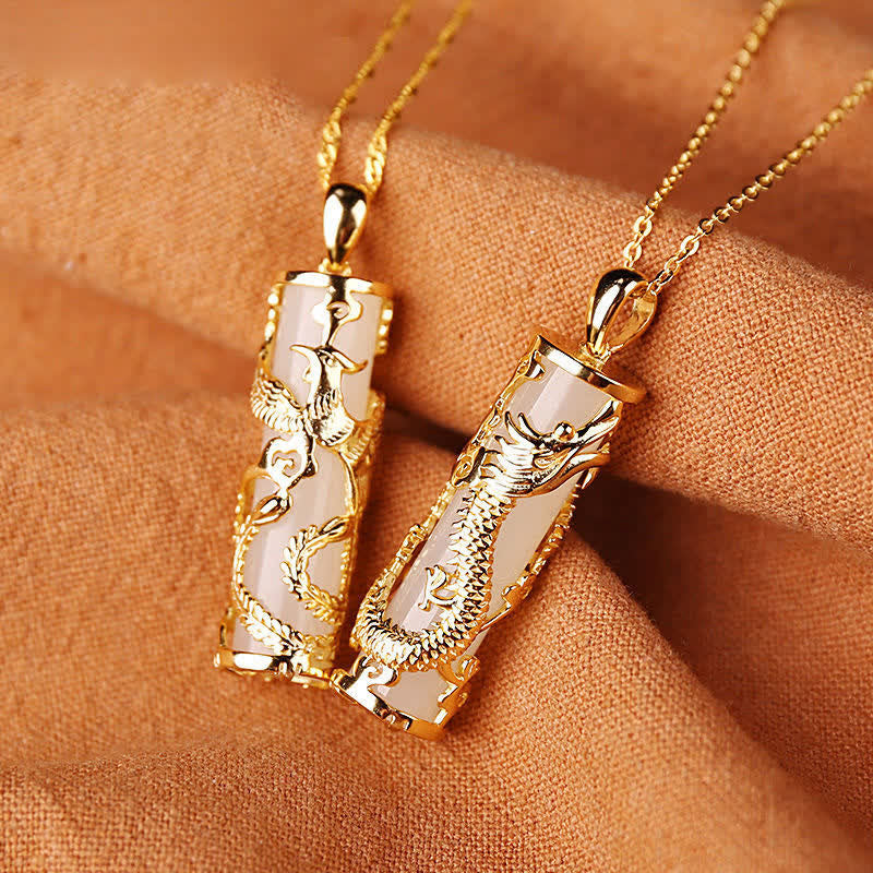 Buddha Stones Jade Dragon Phoenix Copper Blessing Harmony Necklace Pendant - image 7