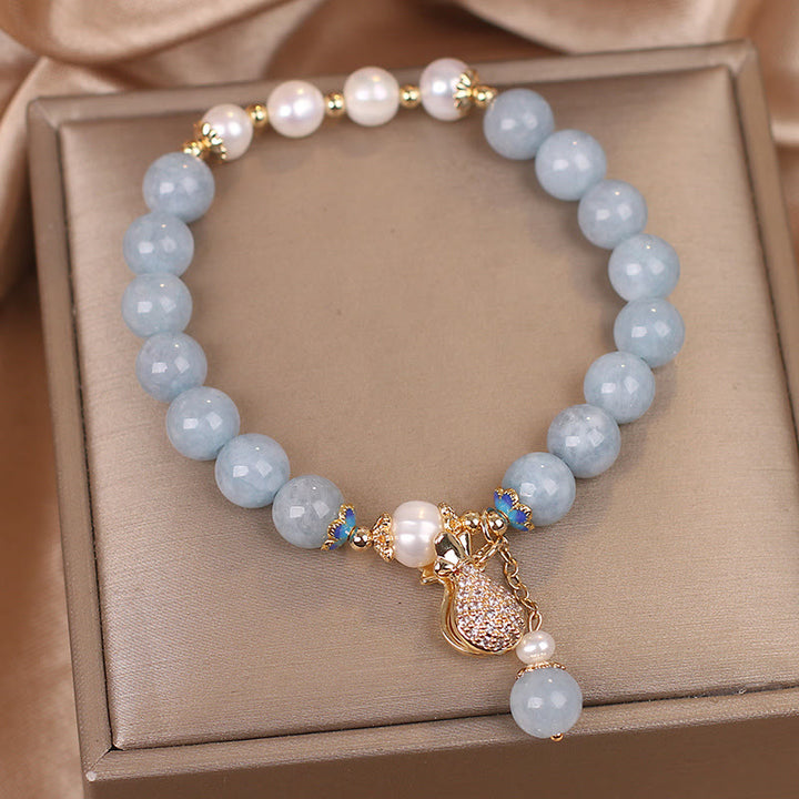 Buddha Stones Aquamarine Pearl Fortune Money Bag Charm Bracelet - image 1