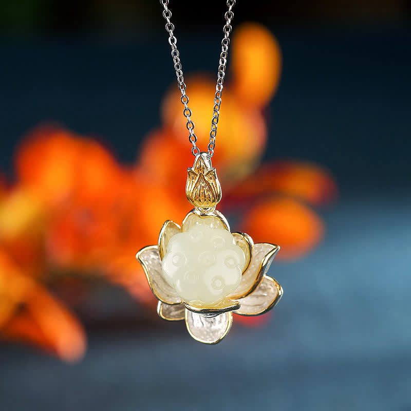Buddha Stones White Jade Lotus Flower Happiness Necklace - White Jade - image 0