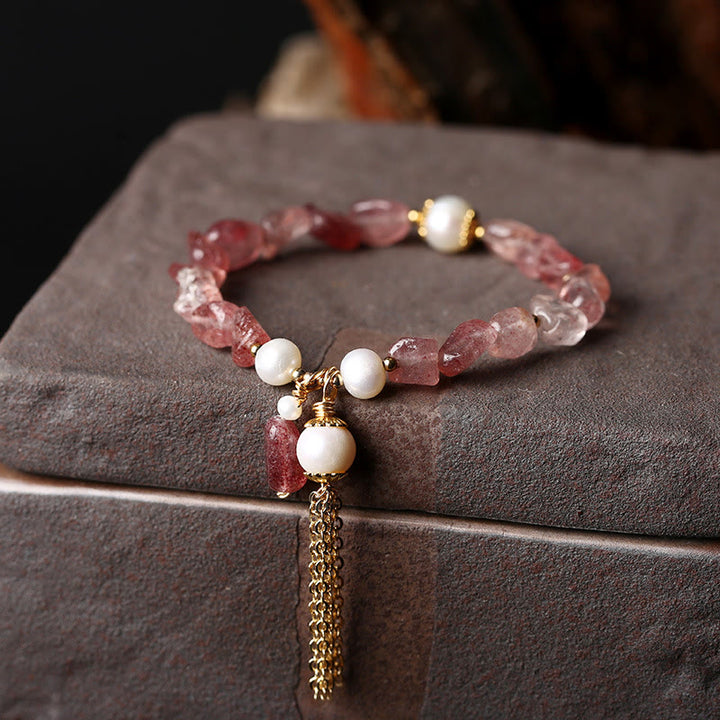 Buddha Stones Natural Strawberry Quartz Pearl 14k Gold Plated Love Healing Bracelet - Strawberry Quartz&Pearl - image 0