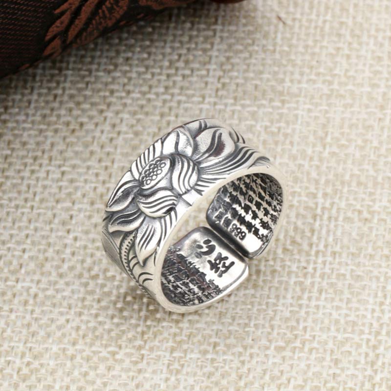 Buddha Stones 999 Sterling Silver Lotus Symbol Heart Sutra Protection Ring - image 8