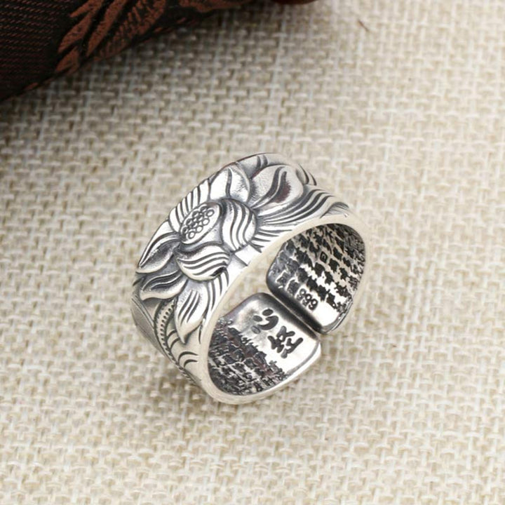 Buddha Stones 999 Sterling Silver Lotus Symbol Heart Sutra Protection Ring - image 8