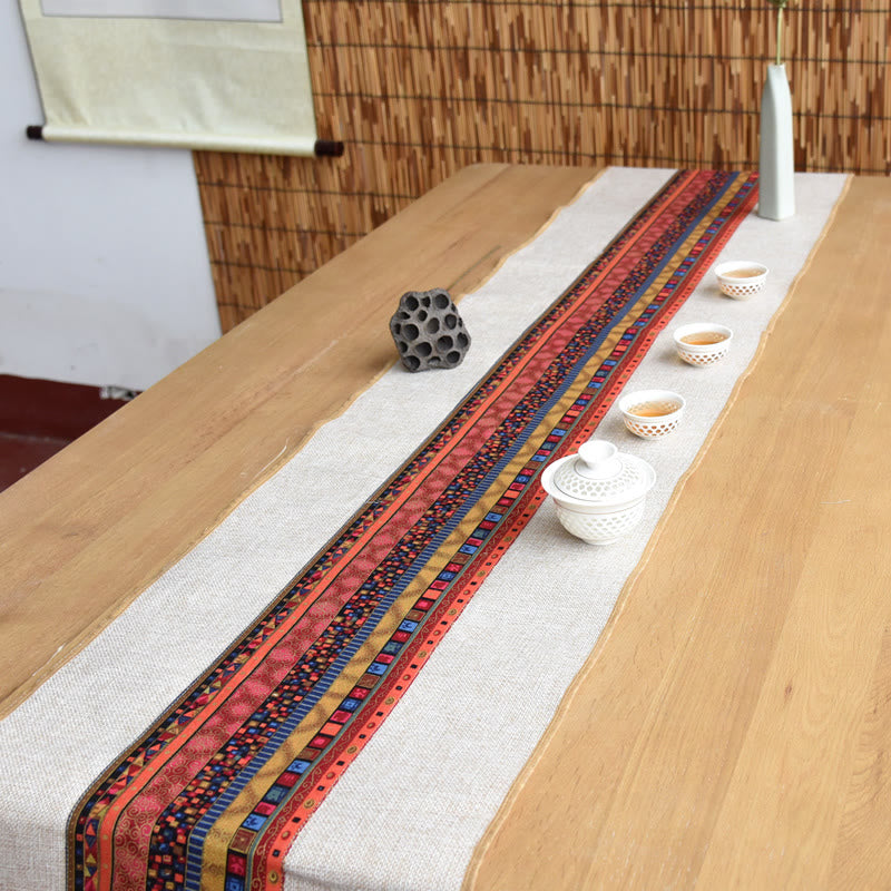 Buddha Stones Classic Chinese Style Lotus Koi Fish Flower Crane Calligraphy Enlightenment Cotton Linen Tassels Table Runner - image 15