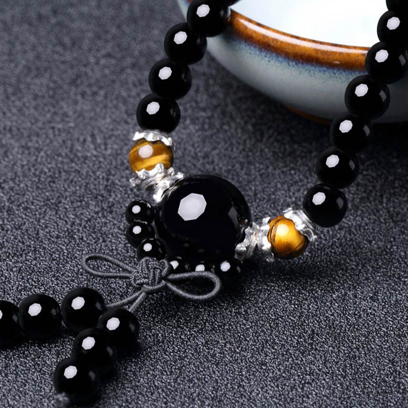 Buddha Stones 108 Beads Natural Black Obsidian Tiger Eye Mala Bracelet - image 8