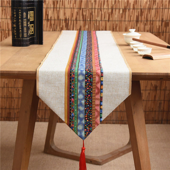 Buddha Stones Classic Chinese Style Lotus Koi Fish Flower Crane Calligraphy Enlightenment Cotton Linen Tassels Table Runner - image 1