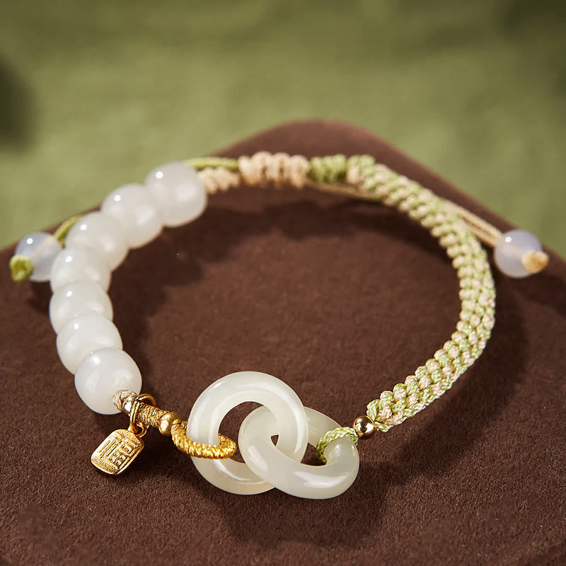 Buddha Stones Natural Hetian Jade Bead Double Peace Buckle Fu Character Abundance Braided Bracelet - 15mm Double Peace Buckle(Wrist Circumference 14-17cm) - image 0