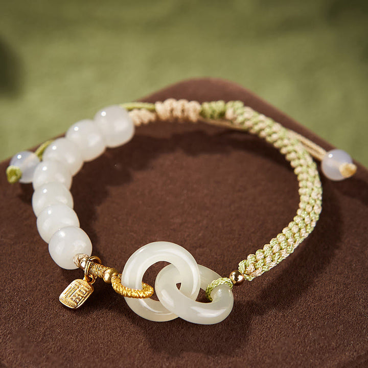 Buddha Stones Natural Hetian Jade Bead Double Peace Buckle Fu Character Abundance Braided Bracelet - 15mm Double Peace Buckle(Wrist Circumference 14-17cm) - image 0