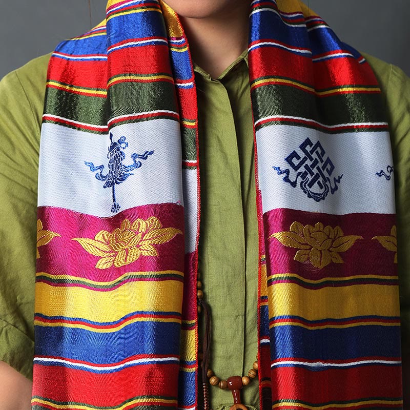 Tibetan Lucky Blessing Multicolored Lotus Mantra Jacquard Khata Decoration - image 1