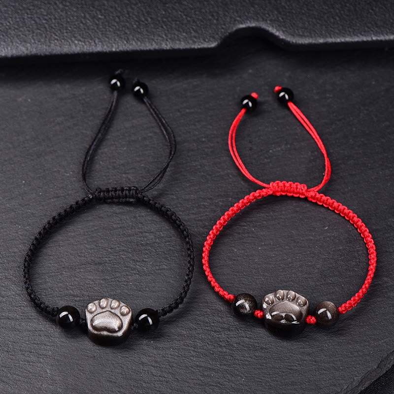 Buddha Stones Natural Silver Sheen Obsidian Gold Sheen Obsidian Cute Cat Paw Claw Protection Rope Bracelet - image 1