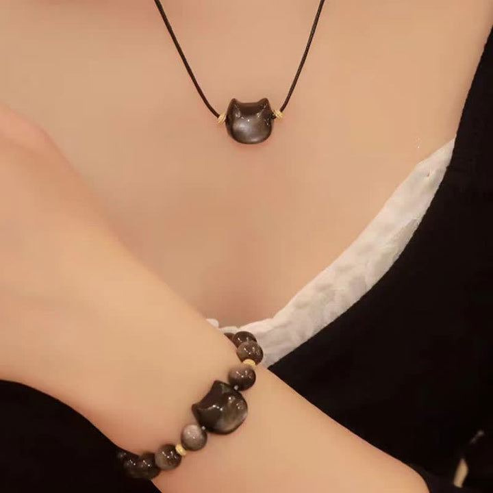 Buddha Stones Gold Sheen Obsidian Silver Sheen Obsidian Lovely Paw Lucky Cat Protection Bracelet - image 44