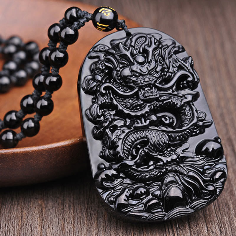 Buddha Stones Black Obsidian Stone Dragon Fulfilment Pendant Necklace - image 5