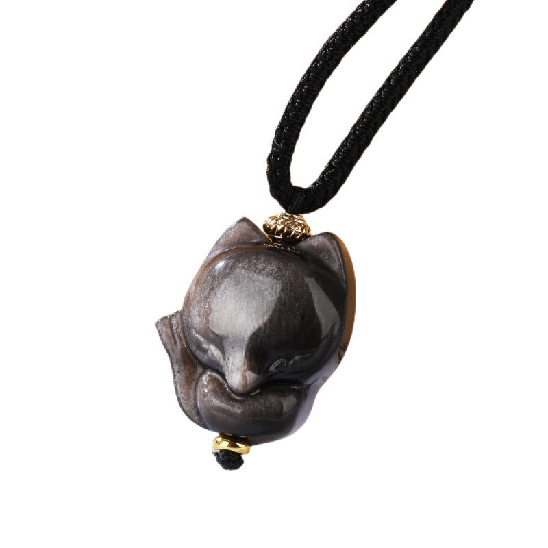 Buddha Stones Natural Silver Sheen Obsidian Nine Tailed Fox Protection Necklace Pendant - Fox - image 5