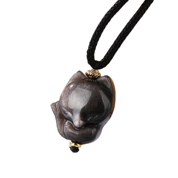 Buddha Stones Natural Silver Sheen Obsidian Nine Tailed Fox Protection Necklace Pendant - Fox - image 5